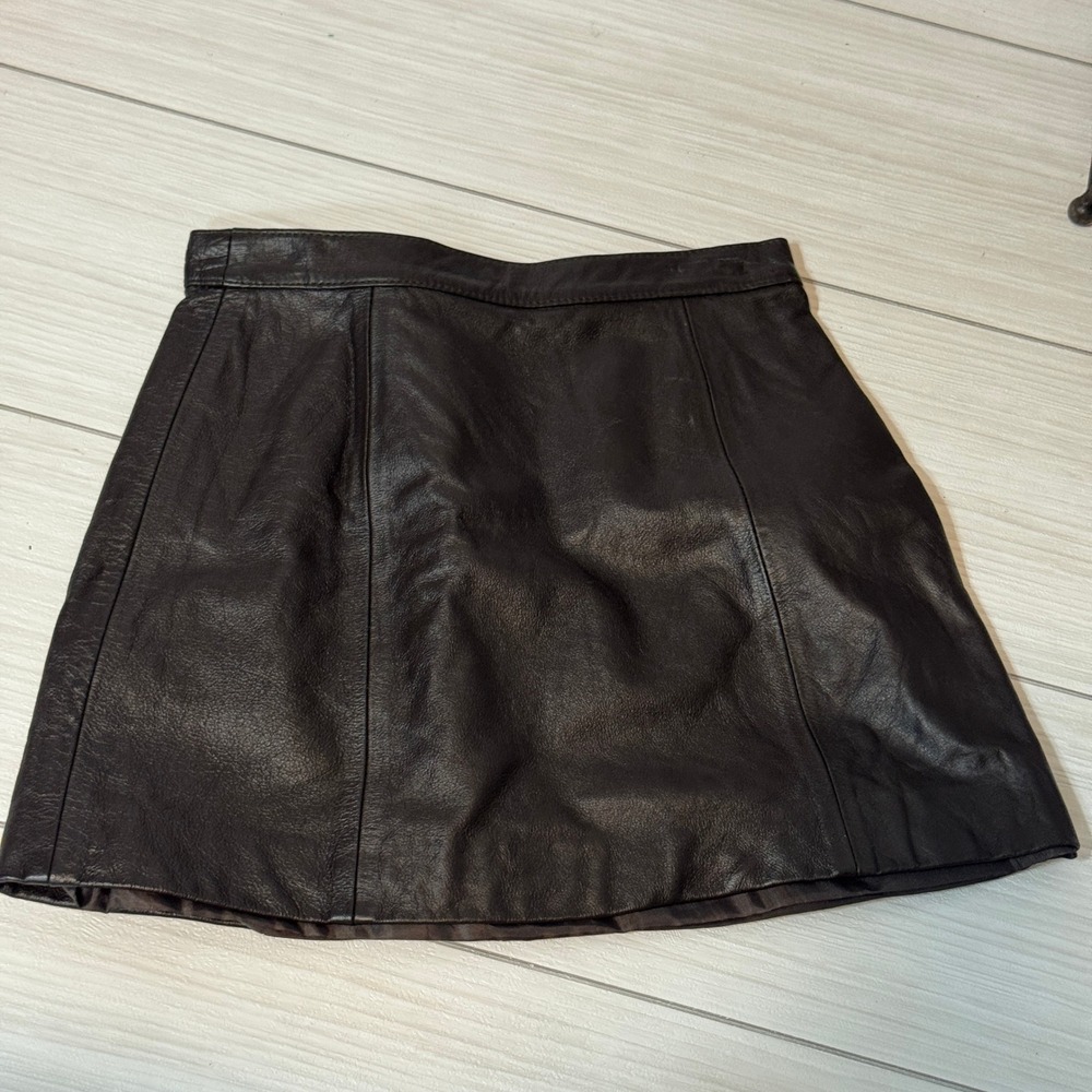 Moda Spiegel Brown Genuine Leather Mini Skirt High Waisted Vintage Dark Academia
